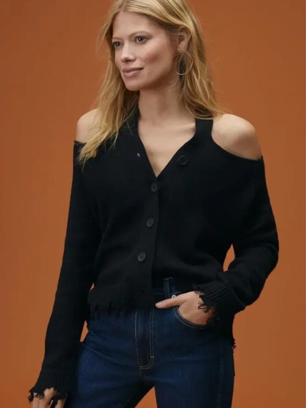 525 America Black Cold-Shoulder Distressed Button-Up Cardigan